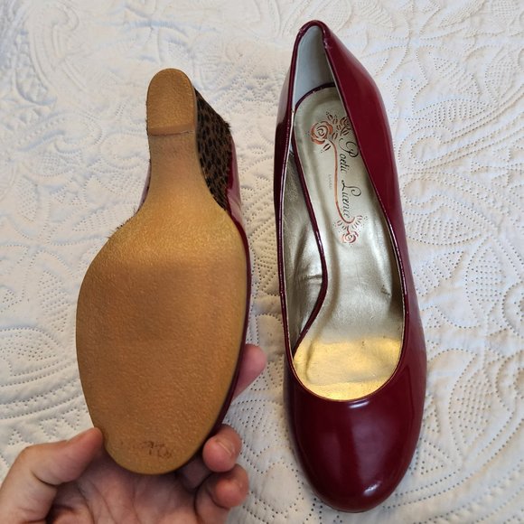 LKNW new never worn Poetic Licence red patent upper leopard calf hair wedge 8.5 - Picture 3 of 7